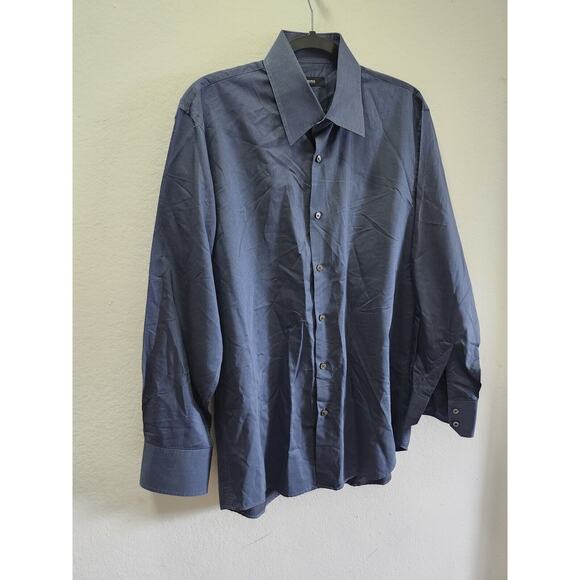 Boss Hugo Boss Mens Long Sleeve Button Down Navy Blue Striped Neck 16‎ 32/33 - Picture 1 of 9